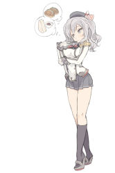 Rule 34 | 10s, 1girl, black legwear, blade (galaxist), coffee, commentary request, epaulettes, food, frilled sleeves, frills, full body, hat, high heels, holding, kantai collection, kashima (kancolle), crossed legs, long hair, long legs, military, military hat, miniskirt, pen, platform footwear, platform heels, pleated skirt, sandwich, sidelocks, grey eyes, silver hair, simple background, skirt, solo, standing, thought bubble, tsurime, twintails, uniform, watson cross, wavy hair, wedge heels, white background