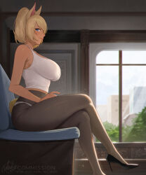 Rule 34 | 1girl, animal ears, bare arms, bare shoulders, black footwear, black pantyhose, blonde hair, blue eyes, blush, borrowed character, breasts, closed mouth, commission, foot out of frame, from side, high heels, highres, indoors, large breasts, looking at viewer, medium hair, nhaliz, original, pantyhose, shephira (cert), shirt, sideways glance, sitting, sleeveless, smile, solo, tail, thighs, white shirt, window