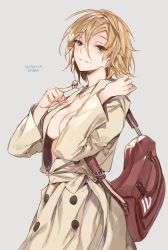 Rule 34 | 1girl, artist name, bag, blonde hair, breasts, brown eyes, coat, collarbone, dated, empew, grey background, half-closed eyes, jewelry, looking at viewer, medium breasts, necklace, no bra, open clothes, open coat, original, parted lips, short hair, shoulder bag, simple background, smile, solo, tsurime, unbuttoned