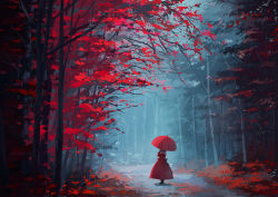Rule 34 | 1girl, dress, forest, full body, green hair, holding, holding umbrella, kagiyama hina, nature, parasol, red dress, red theme, scenery, sh (shinh), solo, touhou, tree, umbrella, walking, wide shot
