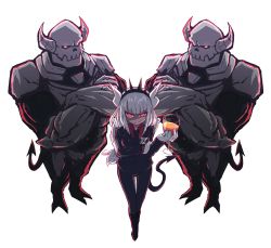 Rule 34 | 1girl, 2boys, absurdres, black footwear, black pants, black suit, crossed arms, crown, cup, demon tail, drinking glass, formal, gloves, helltaker, highres, horns, krr316, long hair, looking at viewer, lucifer (helltaker), mole, mole under eye, multiple boys, pants, red eyes, red shirt, shirt, smirk, suit, tail, transparent background, white gloves, white hair, wine glass