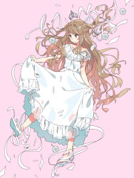 Rule 34 | 1girl, bare shoulders, blush, brown eyes, brown hair, closed mouth, collarbone, commentary, dress, flower, full body, high heels, highres, long hair, looking away, looking to the side, off-shoulder dress, off shoulder, original, pink background, pomu (joynet), ribbon, shoes, simple background, sleeveless, sleeveless dress, smile, solo, standing, standing on one leg, tiara, very long hair, white dress, white flower, white footwear, white ribbon