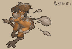 Rule 34 | 1girl, barroth, breasts, brown background, character name, dark skin, dark-skinned female, female focus, highres, monster girl, monster hunter (series), mud, muhut, nipples, nude, personification, simple background, solo, tail