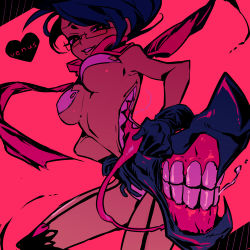 Rule 34 | 1girl, black hair, breasts, character name, extra mouth, garter straps, glasses, gloves, heart, heart-shaped pupils, looking at viewer, looking down, open mouth, pink background, saliva, scarf, skullgirls, smile, solo, symbol-shaped pupils, underboob, venus (skullgirls), yojio (2188)