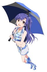 Rule 34 | 1girl, :d, blue footwear, blue hair, boots, brown eyes, collarbone, crop top, from above, full body, groin, holding, holding umbrella, idolmaster, idolmaster (classic), jewelry, kisaragi chihaya, knee boots, long hair, looking at viewer, midriff, miniskirt, navel, necklace, open mouth, race queen, side ponytail, skirt, sleeveless, smile, solo, sparkle, standing, stomach, takeya yuuki, thigh boots, thighhighs, transparent background, umbrella, very long hair, wrist cuffs