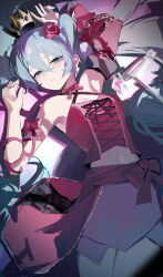 Rule 34 | 1girl, absurdres, arms up, asymmetrical sleeves, blue eyes, blue hair, chain, commentary, corset, cowboy shot, crown, flower, hair flower, hair ornament, hatsune miku, highres, jiu ye sang, long hair, lying, midriff, mismatched sleeves, on back, pink pupils, red corset, red eyes, red skirt, rose, skirt, solo, spotlight, vintage dress (module), vocaloid
