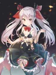 Rule 34 | 1girl, absurdres, anchor, azur lane, bare shoulders, bat wings, black bra, black footwear, black panties, black thighhighs, blush, boots, bra, breasts, chain, clothes lift, hair ornament, hair ribbon, highres, holmemee, long hair, looking at viewer, low wings, off shoulder, open mouth, panties, red eyes, ribbon, skirt, skirt lift, small breasts, smile, solo, thigh boots, thighhighs, two side up, underwear, vampire (azur lane), wings