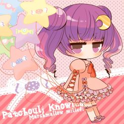 Rule 34 | 1girl, artist name, bad id, bad pixiv id, balloon, blunt bangs, blush, bow, candy wrapper, character name, chibi, closed mouth, commentary request, crescent, crescent hair ornament, diagonal stripes, double bun, dress, hair bun, hair ornament, holding, holding balloon, juliet sleeves, long hair, long sleeves, looking at viewer, looking to the side, mashiro miru, patchouli knowledge, pink dress, puffy sleeves, purple bow, purple eyes, purple footwear, purple hair, red bow, red neckwear, sandals, side bun, sidelocks, sleeves past wrists, solo, standing, star (symbol), star balloon, striped, thigh strap, touhou, twintails