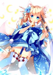 Rule 34 | 1girl, animal ear fluff, animal ears, aqua eyes, autumn dawn, azur lane, bare shoulders, bell, blonde hair, commentary request, covering own mouth, fox ears, fox tail, hair ornament, highres, holding, japanese clothes, katana, long hair, looking at viewer, niizuki (azur lane), off shoulder, simple background, solo, sword, tail, thighhighs, weapon, white thighhighs, wide sleeves, zettai ryouiki