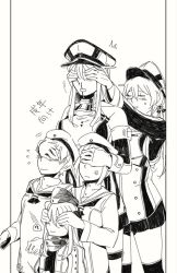 Rule 34 | 5girls, ?, anger vein, bare shoulders, bismarck (kancolle), blood, blush, covering another&#039;s eyes, covering own eyes, detached sleeves, flying sweatdrops, greyscale, hands on another&#039;s face, hat, kantai collection, long sleeves, monochrome, multiple girls, nosebleed, open mouth, peaked cap, prinz eugen (kancolle), spoken question mark, sweat, translated, u-511 (kancolle), weidashming, z1 leberecht maass (kancolle), z3 max schultz (kancolle)