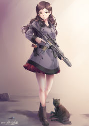 Rule 34 | 1girl, animal, ar-15, artist name, black cat, boots, brown eyes, brown footwear, brown hair, buttons, cat, closed mouth, coat, cup, double-breasted, earrings, expressionless, full body, gradient background, grey coat, gun, handgun, highres, hiroki ree, holding, holding gun, holding weapon, holster, idolmaster, idolmaster million live!, jewelry, kitazawa shiho, knee boots, long hair, long sleeves, looking at viewer, petticoat, pistol, red skirt, rifle, signature, skirt, solo, trigger discipline, weapon