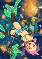 Rule 34 | 1girl, @ @, aqua belt, bikini, black thighhighs, blush, breasts, coin, elbow gloves, full body, gloves, green eyes, greentanuki, highres, long hair, open mouth, original, pink hair, revealing clothes, slime (creature), small breasts, swimsuit, sword, symbol-shaped pupils, tentacles, thighhighs, weapon
