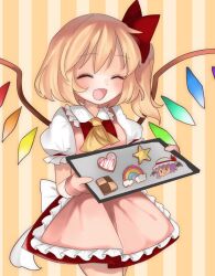 Rule 34 | 1girl, adapted costume, apron, ascot, back bow, blonde hair, bow, checkerboard cookie, closed eyes, collared shirt, commentary, cookie, cowboy shot, flandre scarlet, food, frilled apron, frilled shirt collar, frills, hair bow, happy, highres, holding, holding tray, hyaku paasento, large bow, maid apron, medium hair, multicolored wings, no headwear, one side up, open mouth, pink apron, puffy short sleeves, puffy sleeves, red bow, red ribbon, red skirt, red vest, ribbon, shirt, short sleeves, simple background, skirt, sleeve ribbon, solo, striped background, symbol-only commentary, touhou, tray, vest, white bow, white shirt, wings, yellow ascot, yellow background