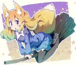 Rule 34 | 1girl, animal ear fluff, animal ears, black footwear, black pantyhose, blonde hair, blue dress, breasts, broom, broom riding, chestnut mouth, commentary, dress, fox ears, fox girl, fox tail, hair between eyes, highres, juliet sleeves, loafers, long hair, long sleeves, looking at viewer, open mouth, original, pantyhose, puffy sleeves, purple eyes, shoe soles, shoes, small breasts, solo, star (symbol), starry background, symbol-only commentary, tail, very long hair, yoshi (crossmind)