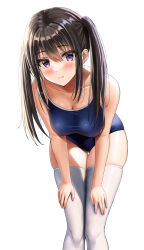 Rule 34 | 1girl, black eyes, black hair, breasts, collarbone, commentary request, competition school swimsuit, feet out of frame, hands on own thighs, highres, long hair, looking at viewer, medium breasts, original, school swimsuit, simple background, solo, swimsuit, thighhighs, twintails, white background, white thighhighs, yukemuriganmo