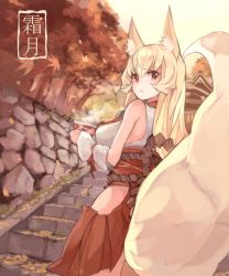 Rule 34 | 1girl, animal ears, arm warmers, autumn leaves, bare shoulders, blonde hair, borrowed character, fox ears, fox tail, from behind, hakama, hakama skirt, hip vent, inugami renge (hasu), japanese clothes, leaf, long hair, looking back, maple leaf, miko, monorino, original, product placement, red eyes, rope, shide, shimenawa, shrine, side slit, skirt, solo, stairs, steam, stone wall, tail, tree, wall