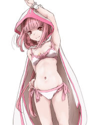 1girl arm_up bikini blunt_bangs braid breasts breasts_apart cloak closed_mouth collarbone frilled_bikini frills gluteal_fold highres hood hooded_cloak long_hair magia_record:_mahou_shoujo_madoka_magica_gaiden mahou_shoujo_madoka_magica marutaya navel pink_eyes pink_hair revision side-tie_bikini_bottom side_braid simple_background small_breasts solo standing swimsuit tamaki_iroha very_long_hair white_background white_bikini white_cloak