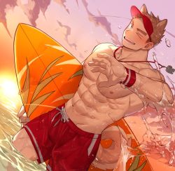 Rule 34 | &gt; o, 1boy, abs, animal ears, bara, blue eyes, blush, brown hair, cowboy shot, day, dog boy, dog ears, dog tail, drawstring, dutch angle, gondom, highres, holding, holding surfboard, looking at viewer, male focus, male swimwear, muscular, muscular male, navel, nipples, one eye closed, original, outdoors, partially submerged, pectorals, red male swimwear, red swim trunks, short hair, smile, solo, splashing, summer, surfboard, swim trunks, swimsuit, tail, thick eyebrows, topless male, visor cap, wading, water, wet, wink