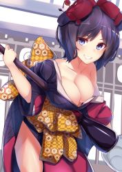 Rule 34 | 1girl, absurdres, black hair, blue eyes, breasts, cleavage, collarbone, cowboy shot, fate/grand order, fate (series), grin, hair ornament, highres, holding, japanese clothes, katsushika hokusai (fate), kimono, large breasts, leaning forward, looking at viewer, nanakaku, shiny skin, short hair, smile, solo, standing