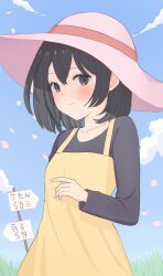 Rule 34 | 1girl, :3, andou natsumi, black eyes, black hair, black shirt, blue sky, breasts, closed mouth, cloud, commentary request, day, dot nose, dress, from side, grass, hair between eyes, hat, hat ribbon, highres, long sleeves, looking at viewer, natsumi step!, nzmtarou, outdoors, pink hat, ribbon, shirt, sign, sky, small breasts, solo, sun hat, sundress, yellow dress