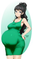 Rule 34 | 1girl, absurdres, artist name, big belly, black hair, blue eyes, borrowed character, breasts, cleavage, collarbone, commentary, commission, cowboy shot, dress, english commentary, green dress, hair behind ear, hand on own hip, highres, large breasts, long hair, looking to the side, medium breasts, original, ponytail, pregnant, sado art, smile, solo, very long hair