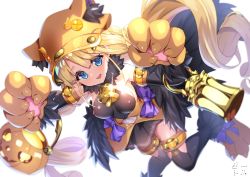 Rule 34 | 1girl, :d, animal hands, bell, bettle (b s a n), black thighhighs, blonde hair, blue eyes, covered erect nipples, detached sleeves, flower knight girl, glint, gloves, halloween, hat, highres, jack-o&#039;-lantern, long hair, neck bell, open mouth, paw gloves, sandersonia (flower knight girl), smile, thighhighs, very long hair, white background