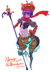 Rule 34 | 1girl, abs, animal ears, black thighhighs, blush, closed mouth, dated, drill jiru, fake animal ears, fang, fingernails, floating scarf, frills, glowing, glowing eyes, halloween, hand on own hip, highres, holding, holding scythe, holding weapon, navel, original, puffy sleeves, pumpkin, purple eyes, purple hair, red scarf, scarf, scythe, see-through, short hair, simple background, smile, solo, standing, thighhighs, torn clothes, torn scarf, weapon, white background