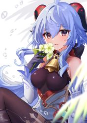 Rule 34 | 1girl, absurdres, ahoge, bare shoulders, bell, black gloves, black legwear, blue hair, blush, bow, breasts, chinese knot, detached sleeves, flower, flower knot, ganyu (genshin impact), genshin impact, gloves, gold trim, highres, holding, holding flower, horns, long hair, looking to the side, medium breasts, neck bell, parted lips, purple eyes, qingxin flower, sidelocks, sitting, smile, solo, thighlet, vision (genshin impact), white flower, white sleeves, yukisuke (user gtmm7833)