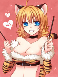 Rule 34 | 1girl, ahoge, animal ears, animal print, blonde hair, blue eyes, breasts, cleavage, grin, konshin, large breasts, original, pocky, short hair, smile, solo, tail, tiger ears, tiger print, tiger tail