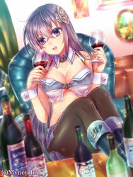 Rule 34 | 1girl, alcohol, angelmaster, blurry, breasts, champagne, cleavage, depth of field, glass, hair ornament, holding, large breasts, long hair, looking at viewer, midriff, neme, official art, open mouth, original, pantyhose, purple eyes, silver hair, solo