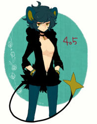 Rule 34 | 1girl, animal ears, bad id, bad pixiv id, blue hair, breasts, brown eyes, costume, creatures (company), game freak, gen 4 pokemon, hands in pockets, l hakase, luxray, nintendo, open clothes, open shirt, pantyhose, personification, pokedex number, pokemon, shirt, short hair, solo, tail