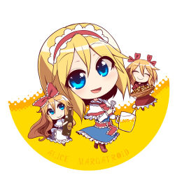 Rule 34 | 3girls, :d, ^ ^, alcohol, alice margatroid, basket, beer, beer mug, blonde hair, blue eyes, blush, boots, bottle, bottle opener, c:, capelet, character name, checkerboard cookie, chibi, closed eyes, cookie, cup, dress, closed eyes, food, hairband, happy, head tilt, hourai doll, kuresento, looking at viewer, mug, multiple girls, open mouth, shanghai doll, short hair, smile, touhou