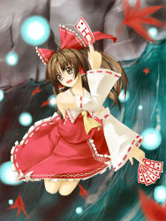 Rule 34 | 1girl, :d, ascot, autumn leaves, blush, bow, brown eyes, brown hair, detached sleeves, falling leaves, female focus, hair bow, hair tubes, hakui ami, hakurei reimu, leaf, long sleeves, looking afar, open mouth, red bow, red skirt, ribbon-trimmed sleeves, ribbon trim, sidelocks, skirt, smile, solo, touhou, vest