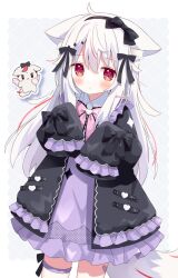 Rule 34 | 1girl, animal ear fluff, animal ears, black bow, black hairband, black jacket, blush, bow, closed mouth, collared shirt, commentary request, frilled jacket, frilled skirt, frills, grey background, hair between eyes, hair bow, hairband, highres, jacket, long hair, long sleeves, looking at viewer, multicolored hair, nakkar, open clothes, open jacket, original, pink bow, puffy long sleeves, puffy sleeves, purple skirt, red eyes, red hair, shirt, skirt, sleeves past fingers, sleeves past wrists, solo, streaked hair, tail, twitter username, two-tone background, very long hair, watermark, white background, white hair, white shirt