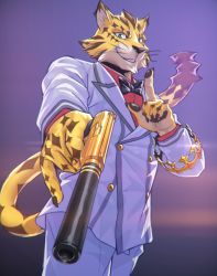 Rule 34 | 1boy, bow, bowtie, brown fur, commentary request, crown, finger to mouth, furry, furry male, green eyes, gun, holding, holding gun, holding weapon, looking at viewer, male focus, okusu (oaks16), open mouth, ose (housamo), panther boy, panther ears, panther tail, shushing, simple background, smile, solo, suppressor, tokyo houkago summoners, traditional bowtie, two-tone fur, upper body, weapon, yellow fur
