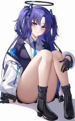 Rule 34 | 1girl, absurdres, ankle boots, black footwear, black gloves, blue archive, blue eyes, blue hair, blue necktie, blush, boots, closed mouth, eternity (shadeh), full body, gloves, hair ornament, halo, highres, jacket, long hair, long sleeves, looking at viewer, necktie, simple background, sitting, smile, solo, thighs, two side up, white background, white jacket, yuuka (blue archive)