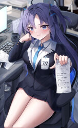 Rule 34 | 1girl, absurdres, bill (object), black skirt, black suit, blue archive, blue eyes, blue necktie, blush, buttoned cuffs, buttons, calendar (object), closed mouth, collared shirt, commentary, cup, formal, halo, head rest, highres, holding, holding paper, id card, indoors, keyboard (computer), li se, long hair, long sleeves, looking at viewer, miniskirt, monitor, necktie, paper, parted bangs, pleated skirt, pout, purple hair, shirt, sitting, skirt, solo, suit, thighs, two side up, white shirt, yuuka (blue archive)