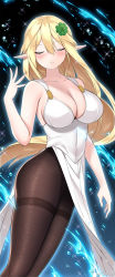 Rule 34 | 1girl, blonde hair, blush, breasts, brown pantyhose, cleavage, clover, copyright request, dress, closed eyes, four-leaf clover, from side, glowing, hair between eyes, hair ornament, highres, large breasts, li zhiheng, long hair, pantyhose, parted lips, side slit, solo, standing, thighband pantyhose, very long hair, weibo watermark, white dress