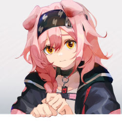 Rule 34 | 1girl, 3:, animal ears, arknights, black coat, black hairband, blouse, braid, cat ears, closed mouth, coat, collar, collarbone, commentary, english commentary, goldenglow (arknights), hairband, lightning bolt print, long hair, looking at viewer, mao mian, open clothes, open shirt, pink hair, shirt, side braid, solo, upper body, white shirt, yellow eyes