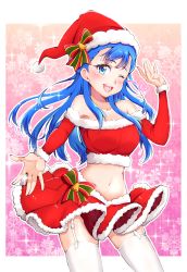 Rule 34 | 1girl, ;d, blue eyes, blue hair, blush, breasts, cleavage, cowboy shot, floating hair, fur-trimmed headwear, fur-trimmed skirt, fur trim, garter straps, hat, highres, hugtto! precure, kaatsu katsurou, long hair, looking at viewer, medium breasts, midriff, miniskirt, navel, off shoulder, one eye closed, open mouth, outstretched hand, pleated skirt, precure, red hat, red skirt, santa costume, santa hat, skirt, smile, snowflakes, solo, standing, stomach, thighhighs, white thighhighs, yakushiji saaya, zettai ryouiki