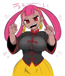 Rule 34 | 1girl, breasts, chinese clothes, creatures (company), dark skin, earrings, game freak, hair rings, half-closed eyes, highres, jewelry, keriage, nail polish, nintendo, pink hair, pokemon, pokemon masters ex, punk girl (pokemon), red eyes, red nails, text background, twintails