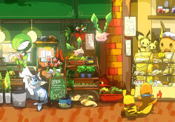 Rule 34 | ^ ^, bakery, bouquet, bread, bucket, cake, chalkboard sign, charmander, closed eyes, creatures (company), flower, flying, food, from behind, furret, game freak, gardevoir, gen 1 pokemon, gen 2 pokemon, gen 3 pokemon, gen 7 pokemon, hoppip, jam, kura (shironagasu02), litten, looking at another, lying, market, nintendo, no humans, outdoors, paper, pastry, pichu, pikachu, plant, pokemon, potted plant, raichu, red flower, sandwiched, shop, sign, simple flower, sitting, sleeping, smile, standing, sunflora, vaporeon, wailord