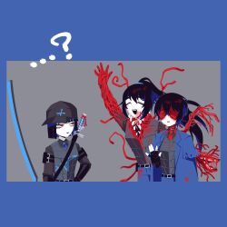 Rule 34 | ..., 1girl, 2boys, ?, arm up, baseball cap, black coat, black hair, black headwear, black shirt, blood, blue background, blue coat, blue necktie, coat, coat on shoulders, collared shirt, e.g.o (project moon), energy sword, extra teeth, flesh, gauntlets, hand up, hat, high ponytail, highres, holding, holding sword, holding weapon, hong lu (project moon), limbus company, long hair, long sleeves, multiple boys, necktie, no 710, ootachi, parted lips, project moon, red eyes, ryoshu (project moon), shirt, simple background, smile, sword, very long hair, weapon, wings, yi sang (project moon)