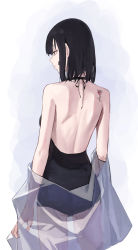 Rule 34 | 1girl, absurdres, arms at sides, backless dress, backless outfit, black dress, black hair, black ribbon, brown eyes, closed mouth, commentary request, dress, facial mark, flower tattoo, from behind, highres, korean commentary, mac star, medium hair, original, ribbon, see-through, shoulder tattoo, solo, standing, star (symbol), star facial mark, tattoo