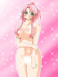 Rule 34 | 1girl, blush, breasts, censored, convenient censoring, glowing, gradient background, green eyes, hair censor, hair over breasts, highres, holding own arm, inabakun00, large breasts, long hair, looking at viewer, navel, nude, original, parted lips, pink background, pink hair, ponytail, rio (inaba), solo, sparkle, sparkle background, standing