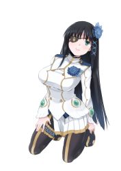 Rule 34 | 1girl, black hair, boots, breasts, ekra, eyepatch, flower, full body, green eyes, hair flower, hair ornament, highres, kneeling, large breasts, long hair, looking at viewer, nagisa (psp2i), open mouth, pantyhose, phantasy star, phantasy star portable 2, phantasy star portable 2 infinity, pleated skirt, shirt, simple background, skirt, solo, taut clothes, taut shirt, uniform, white background