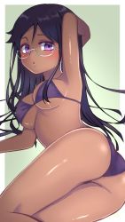 Rule 34 | 1girl, arm up, armpits, ass, bare shoulders, bikini, black hair, breasts, commentary request, dark-skinned female, dark skin, glasses, hachusan111, highres, large breasts, livia medeiros, looking at viewer, magia record: mahou shoujo madoka magica gaiden, mahou shoujo madoka magica, purple bikini, purple eyes, solo, swimsuit