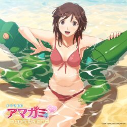 Rule 34 | 1girl, :d, album cover, amagami, armpits, bare shoulders, bikini, brown eyes, brown hair, collarbone, commentary, commentary request, copyright name, copyright notice, cover, dated, floating, from above, front-tie bikini top, front-tie top, heart, highres, inflatable crocodile, inflatable toy, looking at viewer, medium hair, navel, ocean, official art, open mouth, partially submerged, pink bikini, reaching, reaching towards viewer, red bikini, sakurai rihoko, sand, smile, solo, swimsuit, takayama kisai, teeth, translated, upper teeth only, water, wet, wet hair