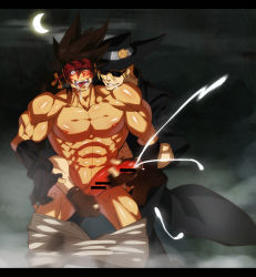 Rule 34 | 2boys, ahegao, bara, censored, drooling, erection, gairen, glasses, guilty gear, handjob, hat, headband, johnny (guilty gear), large penis, male focus, multiple boys, naughty face, nude, open mouth, outdoors, penis, penis grab, saliva, sol badguy, teeth, undressing, wince, yaoi