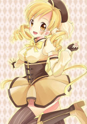 Rule 34 | 10s, 1girl, aiba kou, beret, blonde hair, boots, breasts, corset, detached sleeves, drill hair, fingerless gloves, gloves, hair ornament, hat, magical girl, mahou shoujo madoka magica, mahou shoujo madoka magica (anime), pleated skirt, puffy sleeves, skindentation, skirt, smile, solo, thighhighs, tomoe mami, twin drills, twintails, yellow eyes